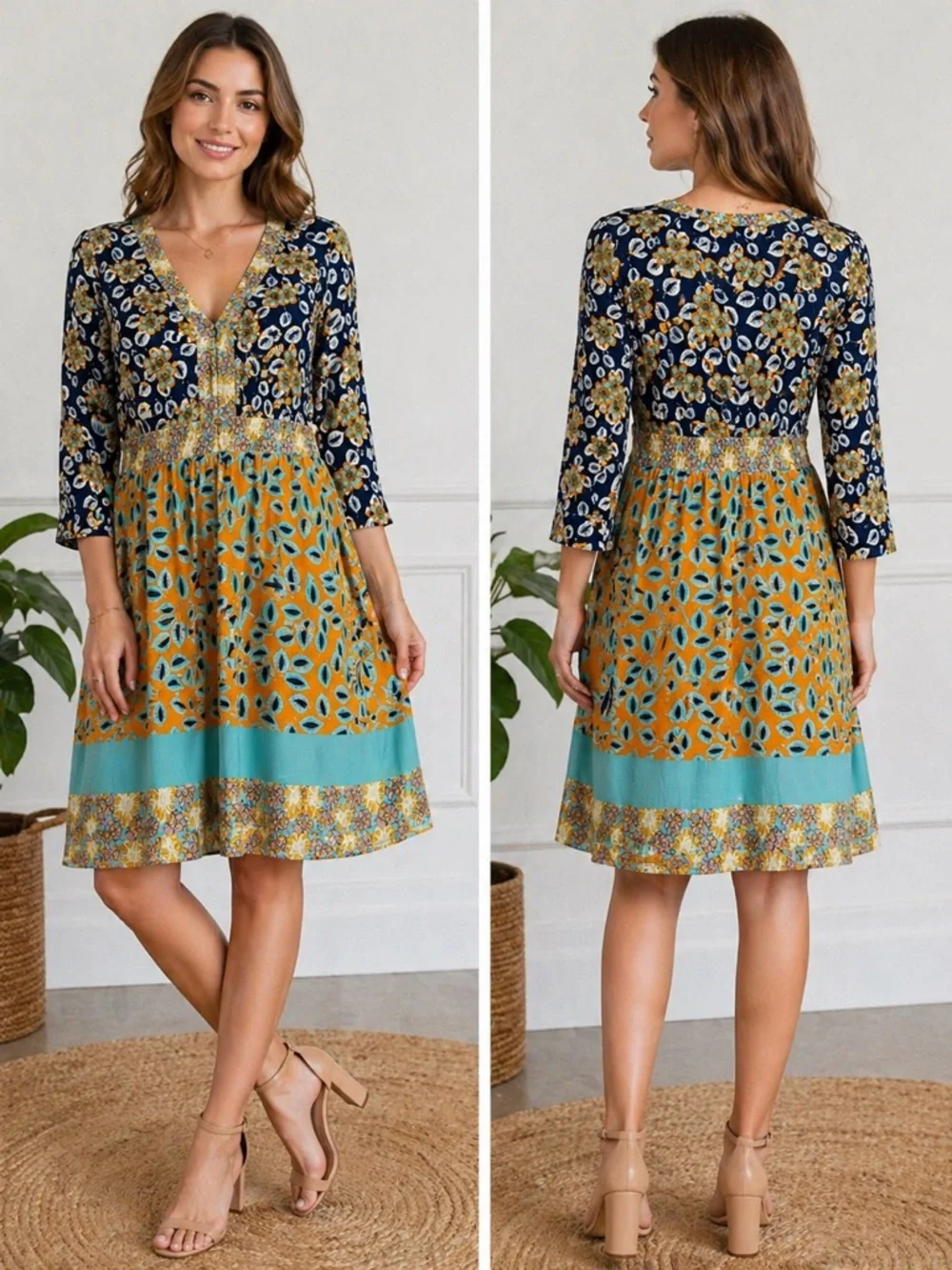 Anthropologie Pinkerton Boho Floral Patchwork Dress V-Neck 3/4 Sleeve XS - Picture 14 of 14